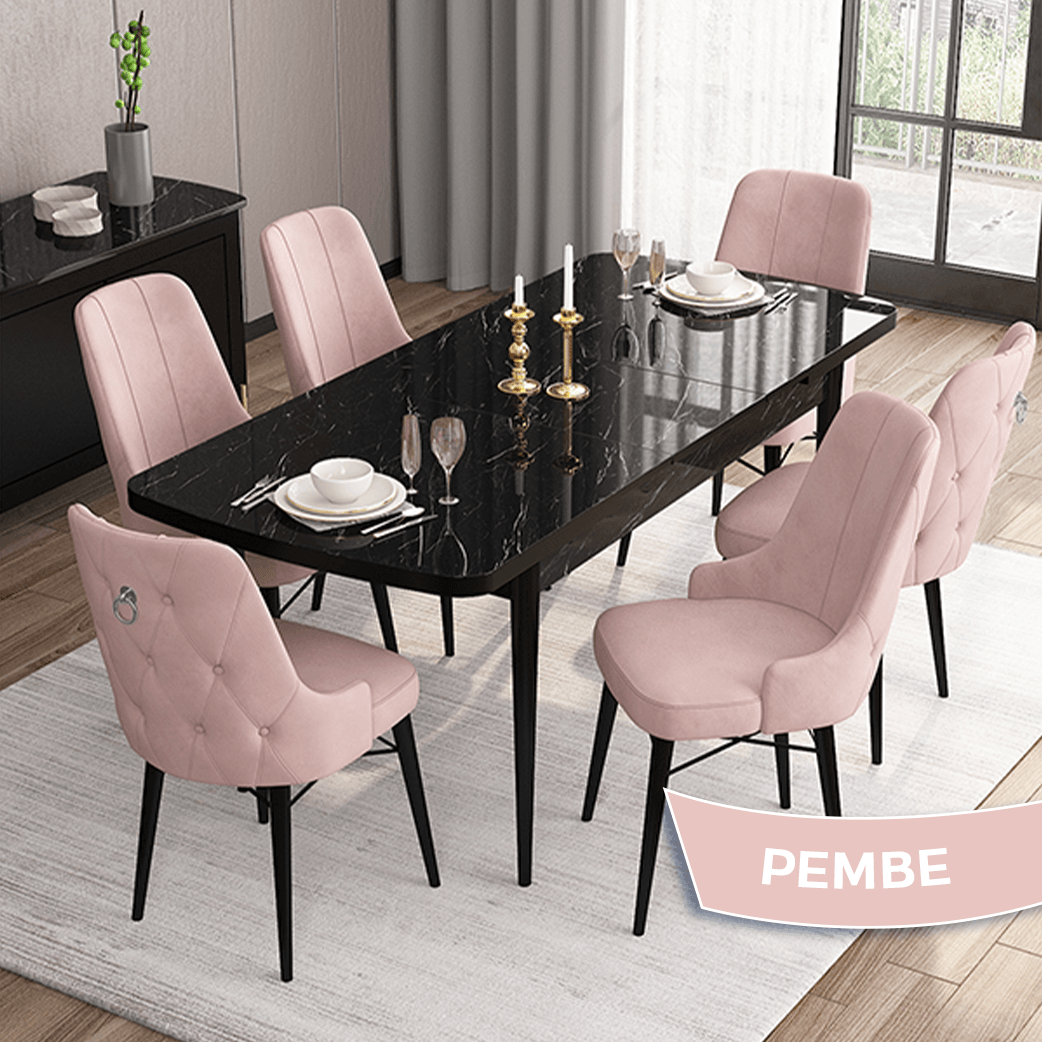 Pembe Sandalye Siyah Mermer Desen Masa