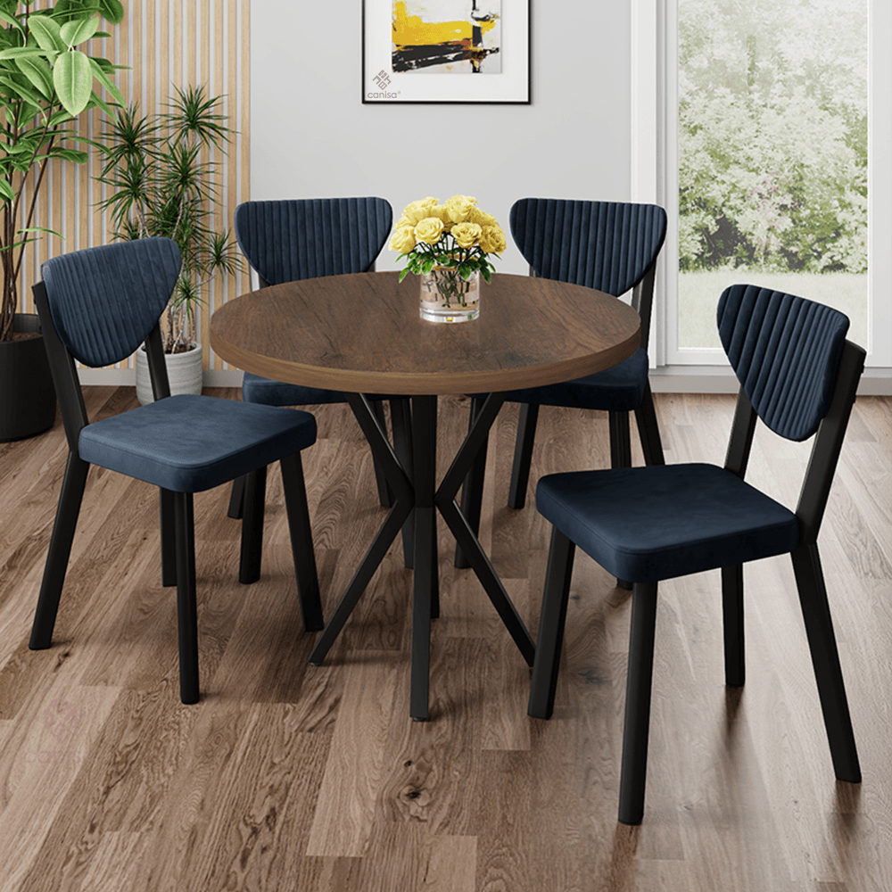 Agnes Serisi 90x90 Yuvarlak Barok Ahşap Desen Masa Takımı Ve 4 Sandalye