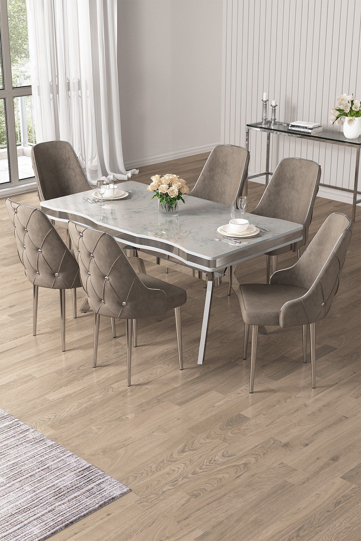 Vae Serisi 90x160 Lak Panel Beyaz Mermer Desen Krom Ayak Masa Takımı 6 Cappucino Sandalye