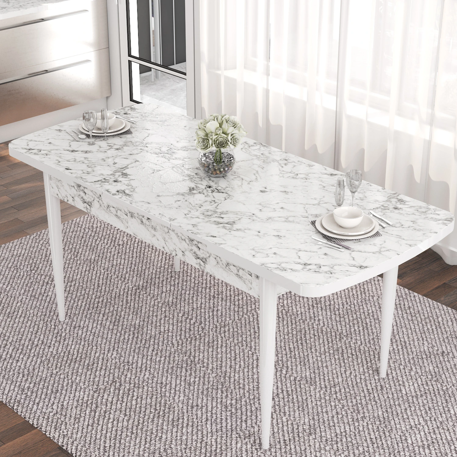 Eva Serisi 80x132 Açılabilir Mdf Beyaz Mermer Desen Masa Takımı Ve 6 Sandalye