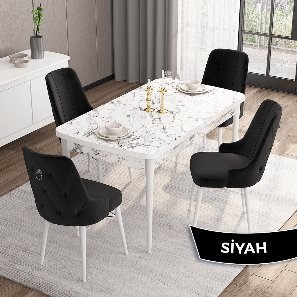 Si̇yah Sandalye Beyaz Mermer Desen Masa