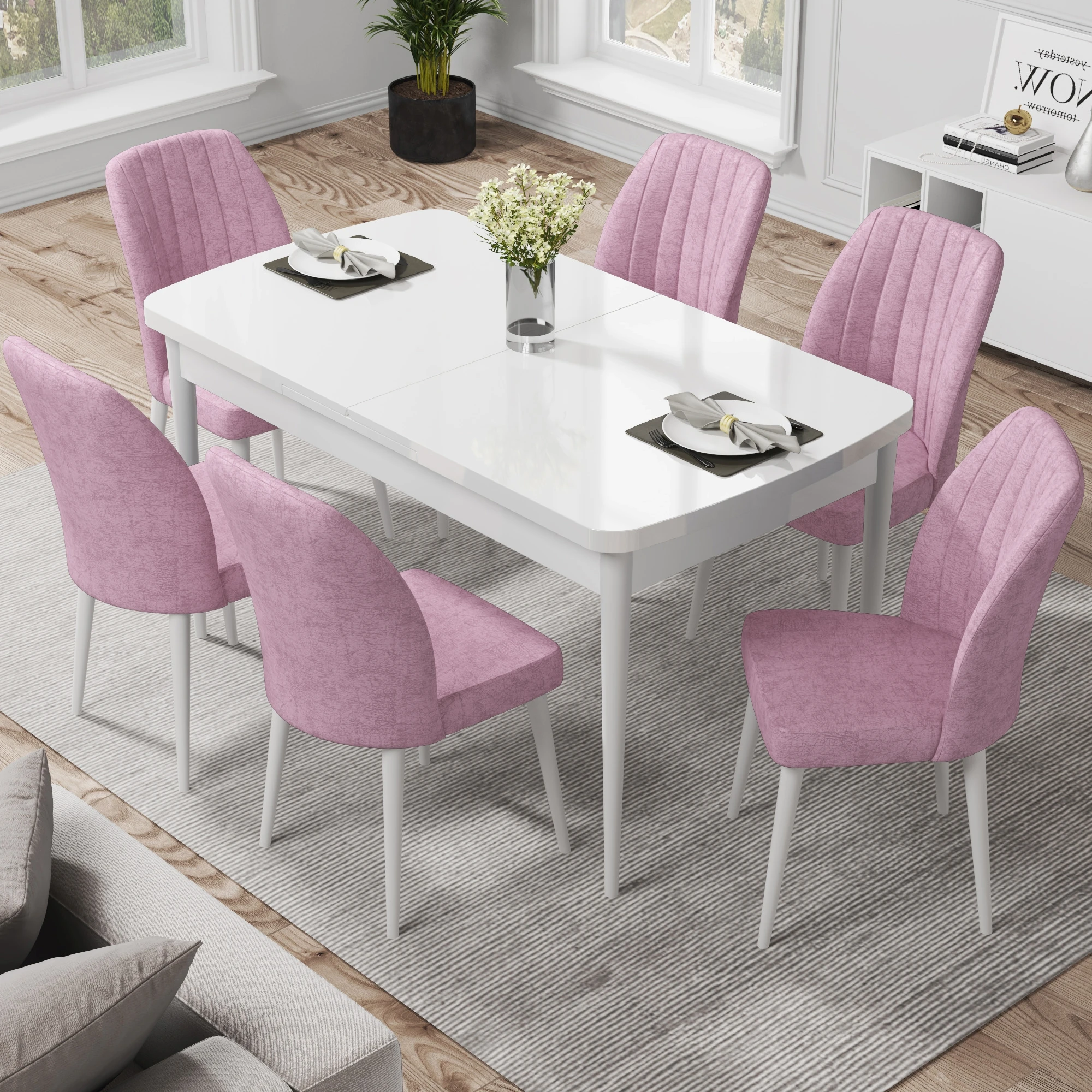 Beyaz Masa Pembe Renk Sandalye