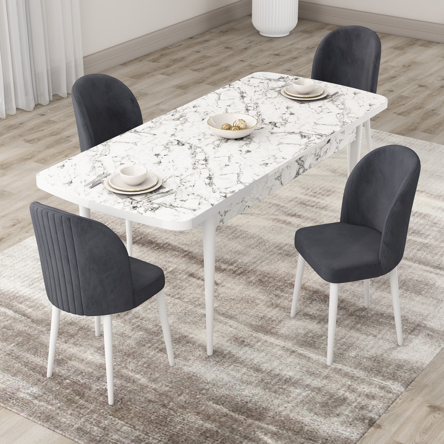 Roe Serisi 80x132 Açılabilir Beyaz Mermer Desen Masa Takımı Ve 4 Sandalye
