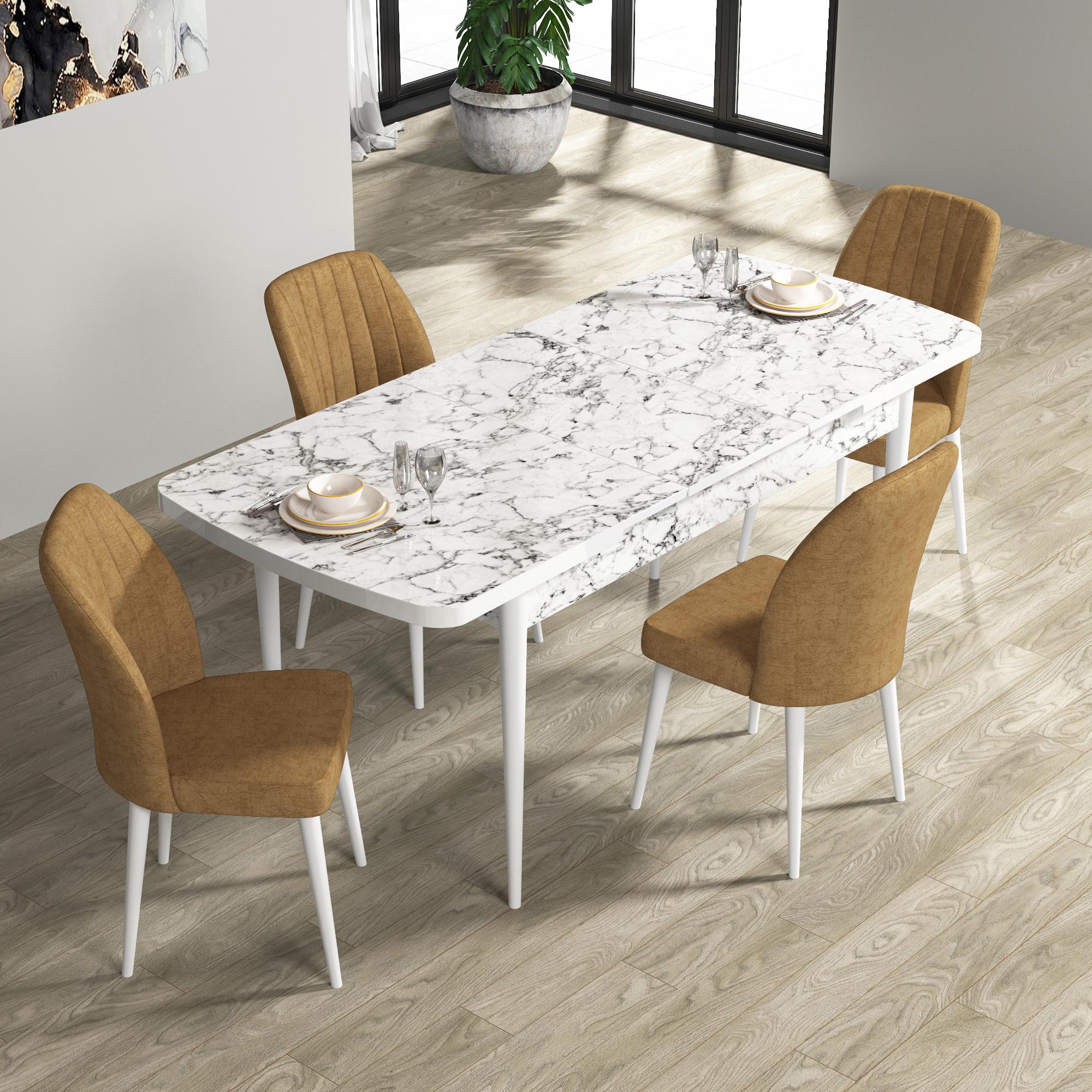 Rio Serisi 80x132 Mdf Açılabilir Beyaz Mermer Desen Masa Takımı Ve 4 Sandalye