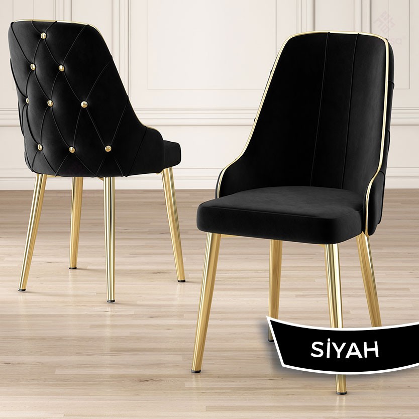 Edaf Serisi 80x132 Açılabilir Gold Detay Siyah Mermer Desen Masa Takımı ve 6 Sandalye