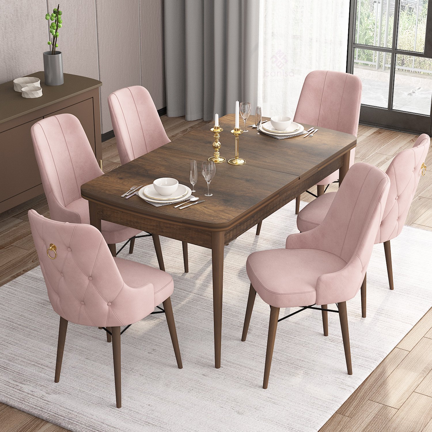 Pembe Sandalye Barok Ahşap Desen Masa