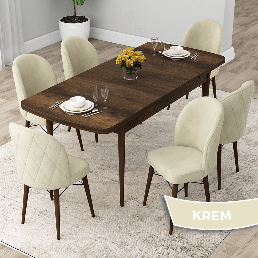 Rut Serisi 80x132 Açılabilir Barok Ahşap Desen Masa Takımı Ve 6 Sandalye