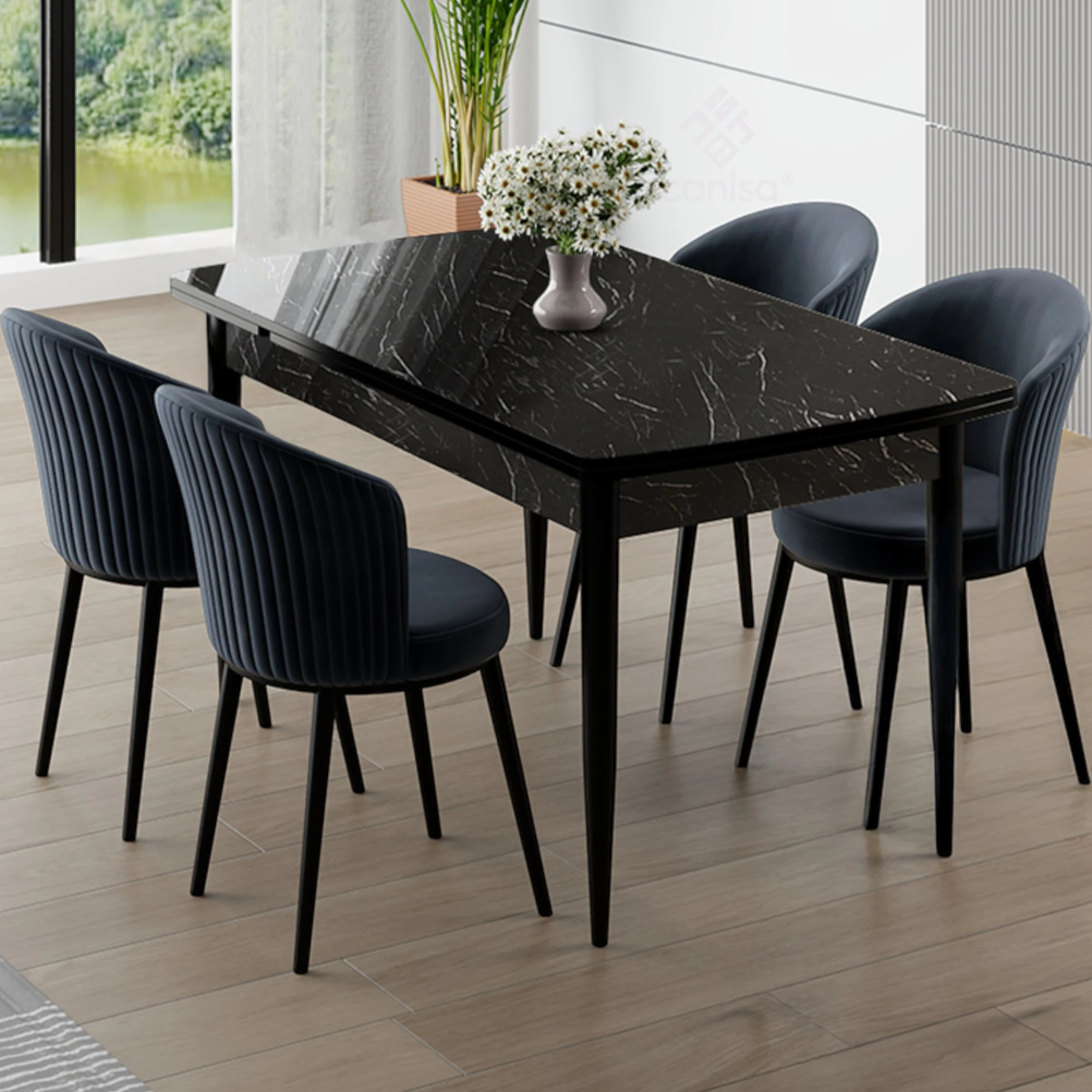 Siyah Mermer Desen Masa Antrasit Sandalye