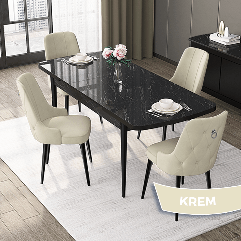 Nex Serisi 80x132 Mdf Açılabilir Gümüş Halka Siyah Mermer Desen Masa Takımı Ve 4 Sandalye