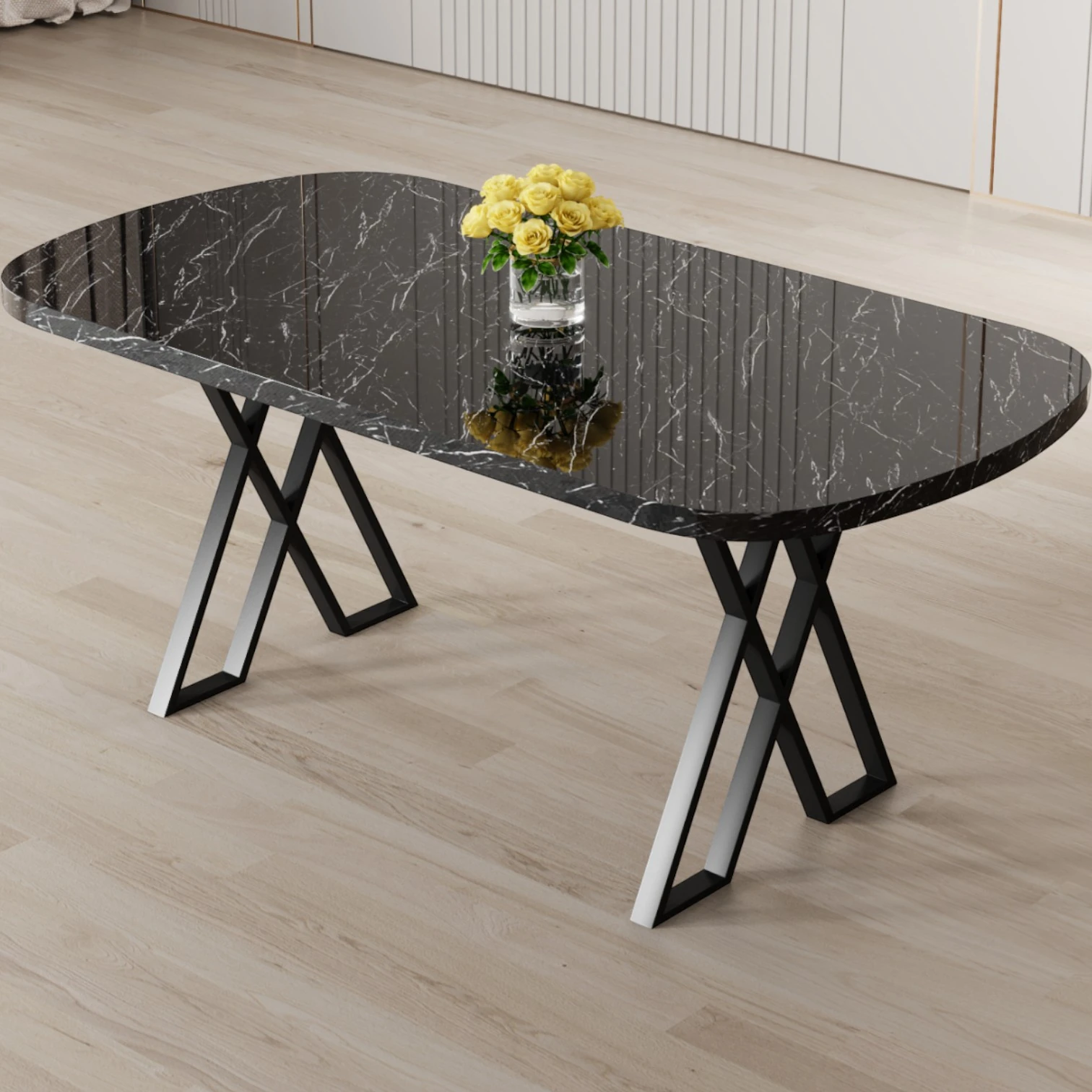 Axton Serisi Sabit Mdf 90x168 Siyah Mermer Desen Mutfak Masa Takımı 6 Sandalye