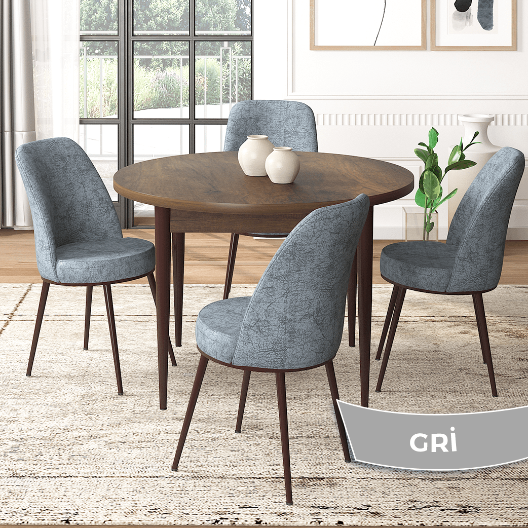 Barok Ahşap Desen Masa Gri Sandalye