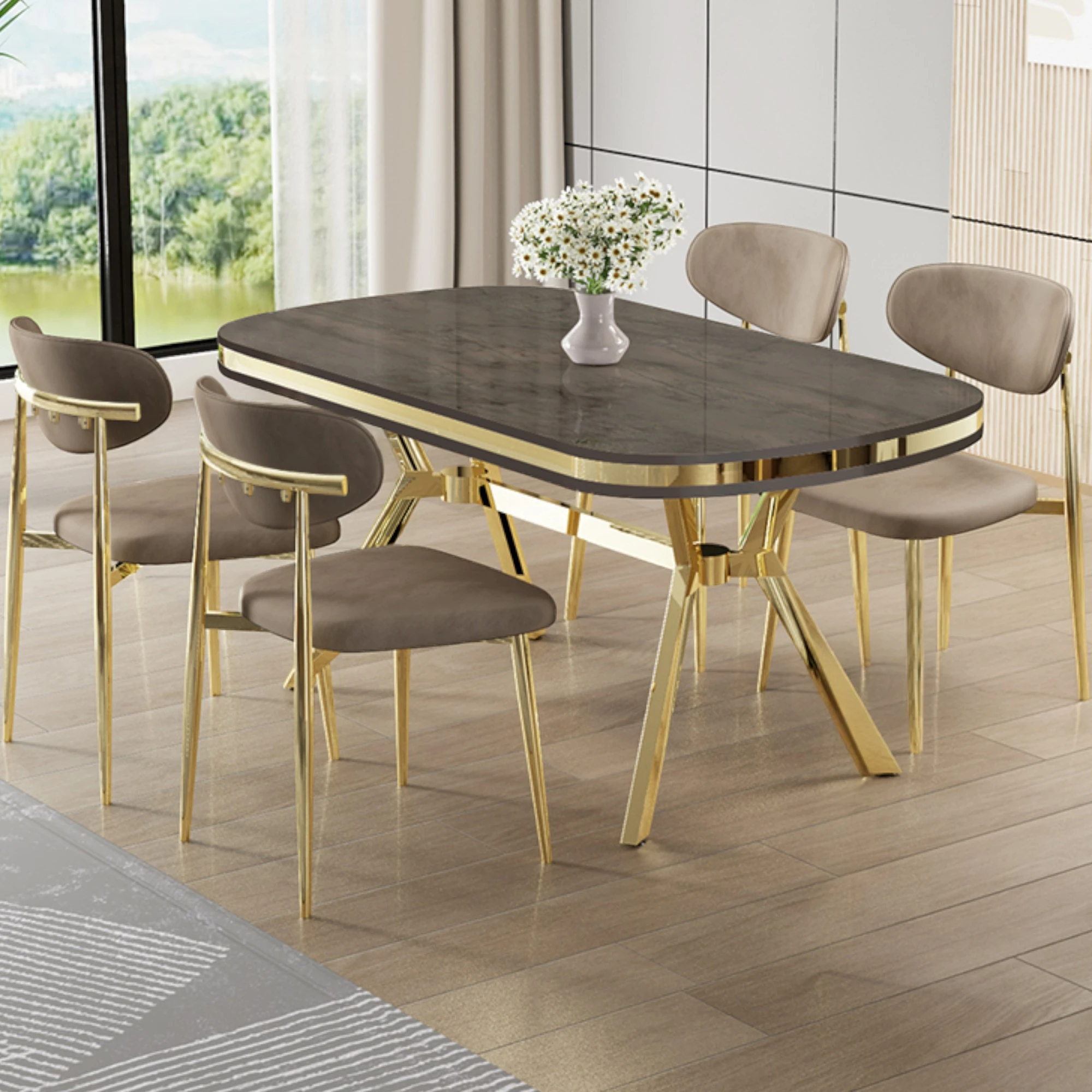 Olya Serisi 90x168 MDF Sabit Lak Panel Antrasit İroni Masa Takımı Gold Ayaklı 4 Sandalye