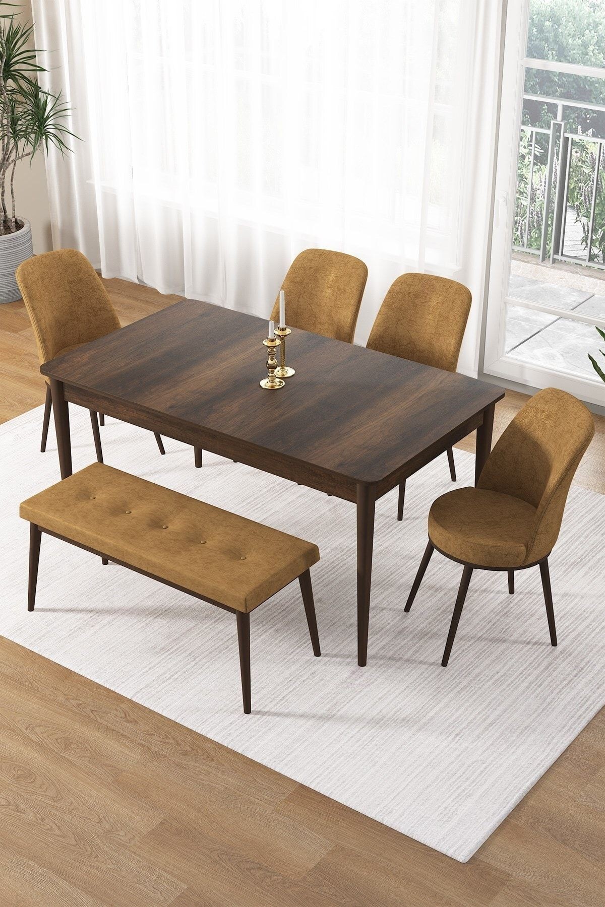 Pir Serisi 80x130 Sabit Barok Ahşap Desen Masa Takımı 4 Sandalye Ve 1 Bench