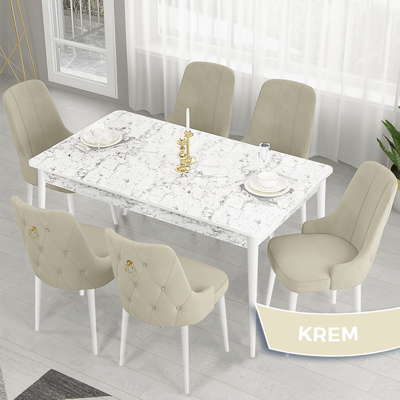 beyaz mermer masa,krem sandalye