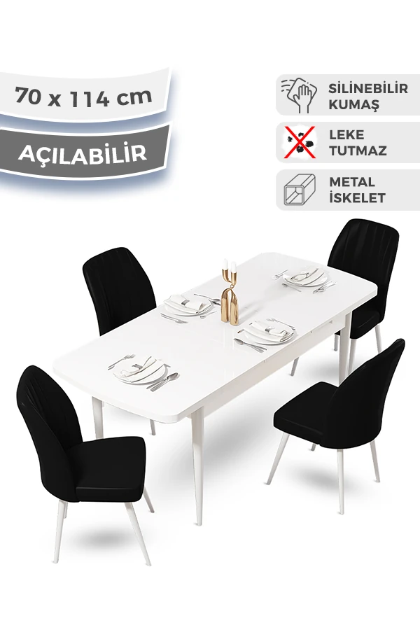 Masa Beyaz mermer desen Sandalye Siyah Renk