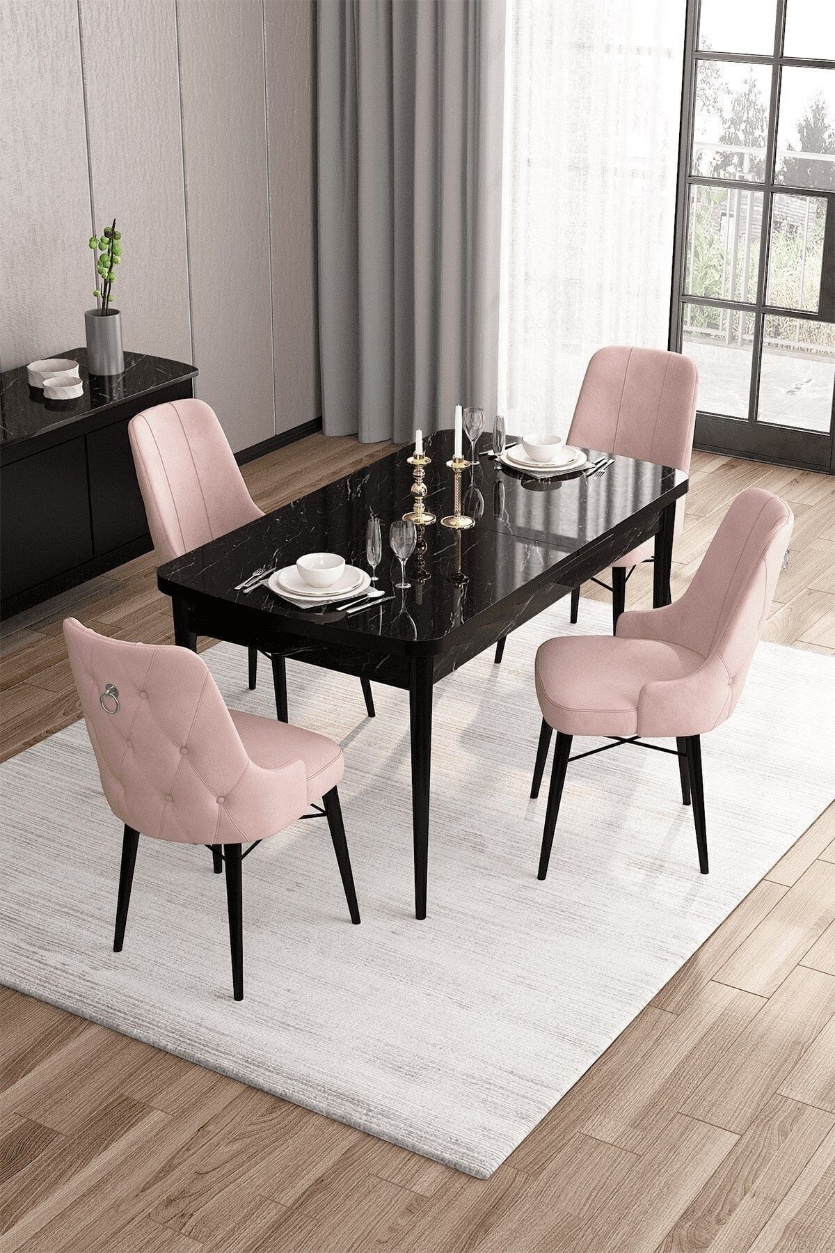 Pembe Sandalye Siyah Mermer Desen Masa