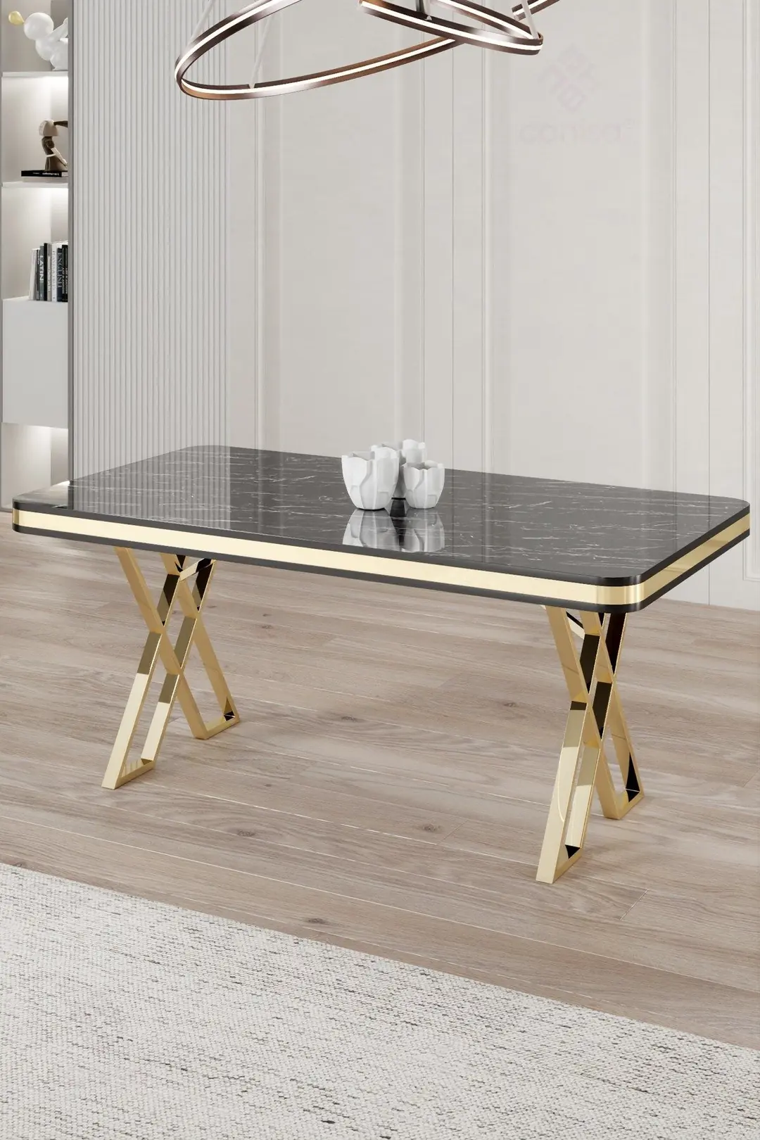 Vals Serisi 80x130 Lak Panel Sabit Masa Gold Kaplama Ayak