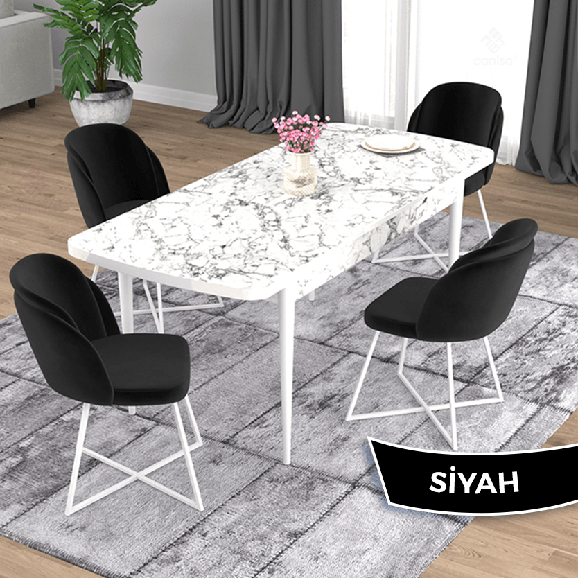 Oga Serisi 80x132 Açılabilir Beyaz Mermer Desen Masa Takımı Ve 4 Sandalye