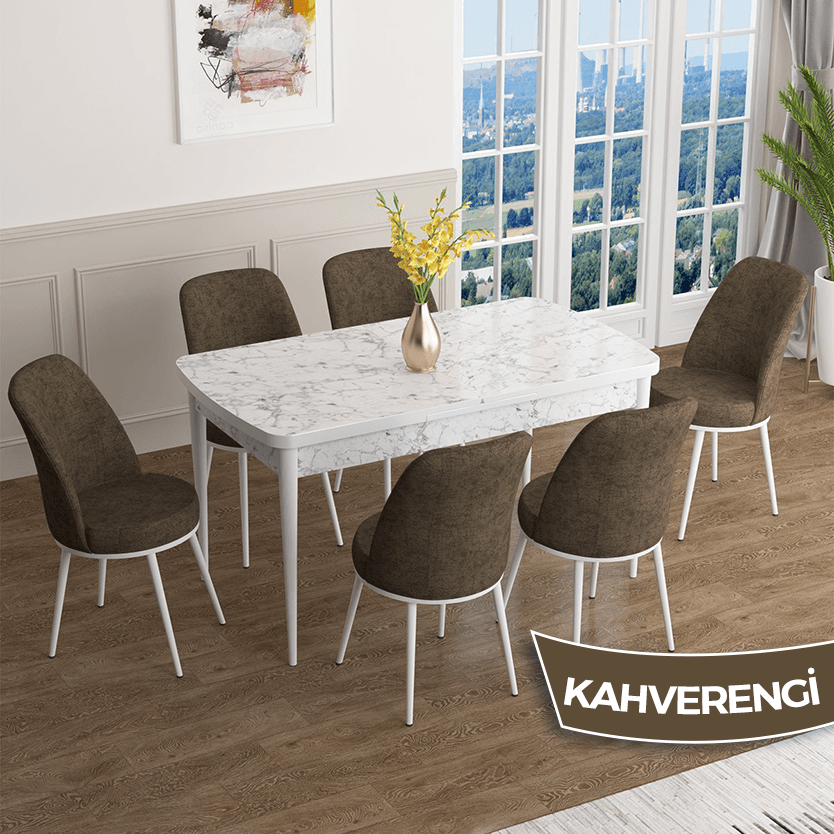 masa beyaz mermer desen sandalye kahverengi