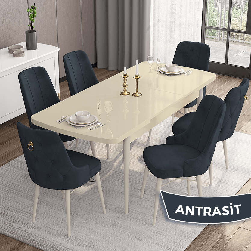 Are Serisi 80x132 Mdf Açılabilir Gold Halka Krem Masa Takımı Ve 6 Sandalye