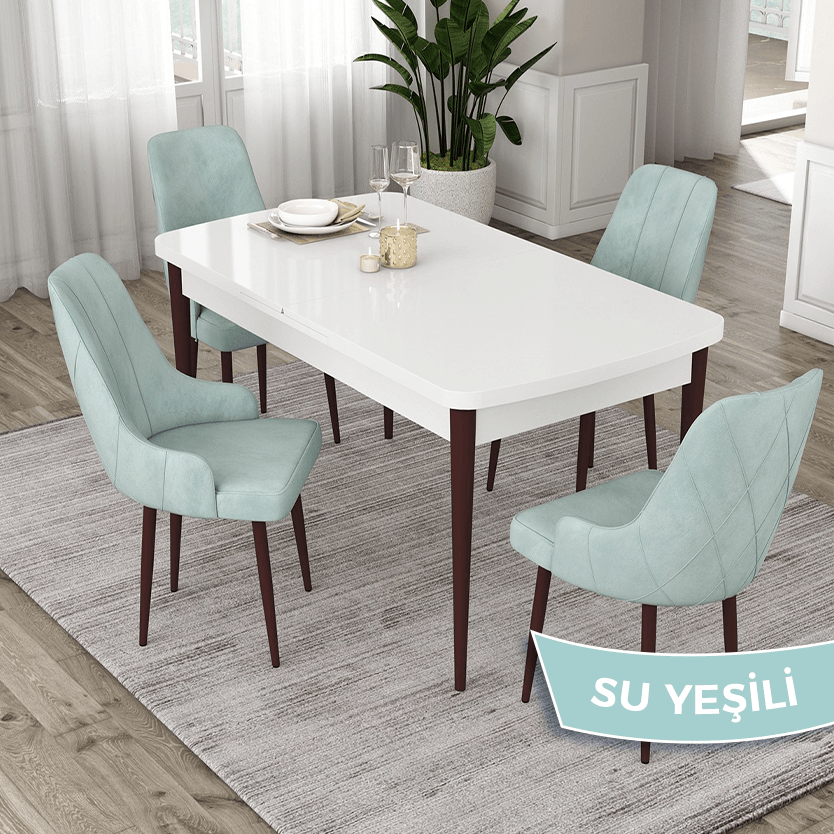 Eta Serisi 80x132 Beyaz Masa Ceviz Ayaklı Masa Takımı ve 4 Sandalye - Beyaz Masa Ceviz Ayak Su Yeşili Sandalye