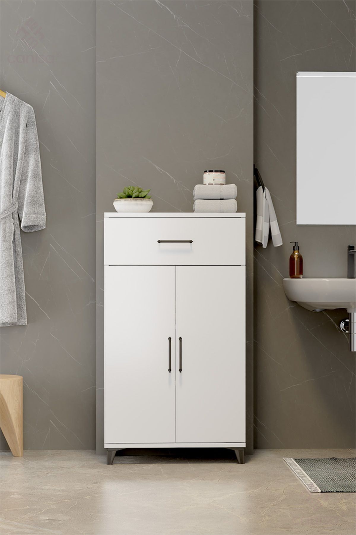 Matex Beyaz Çok Amaçlı Çekmeceli Siyah Dekoratif Kulplu Banyo Dolabı