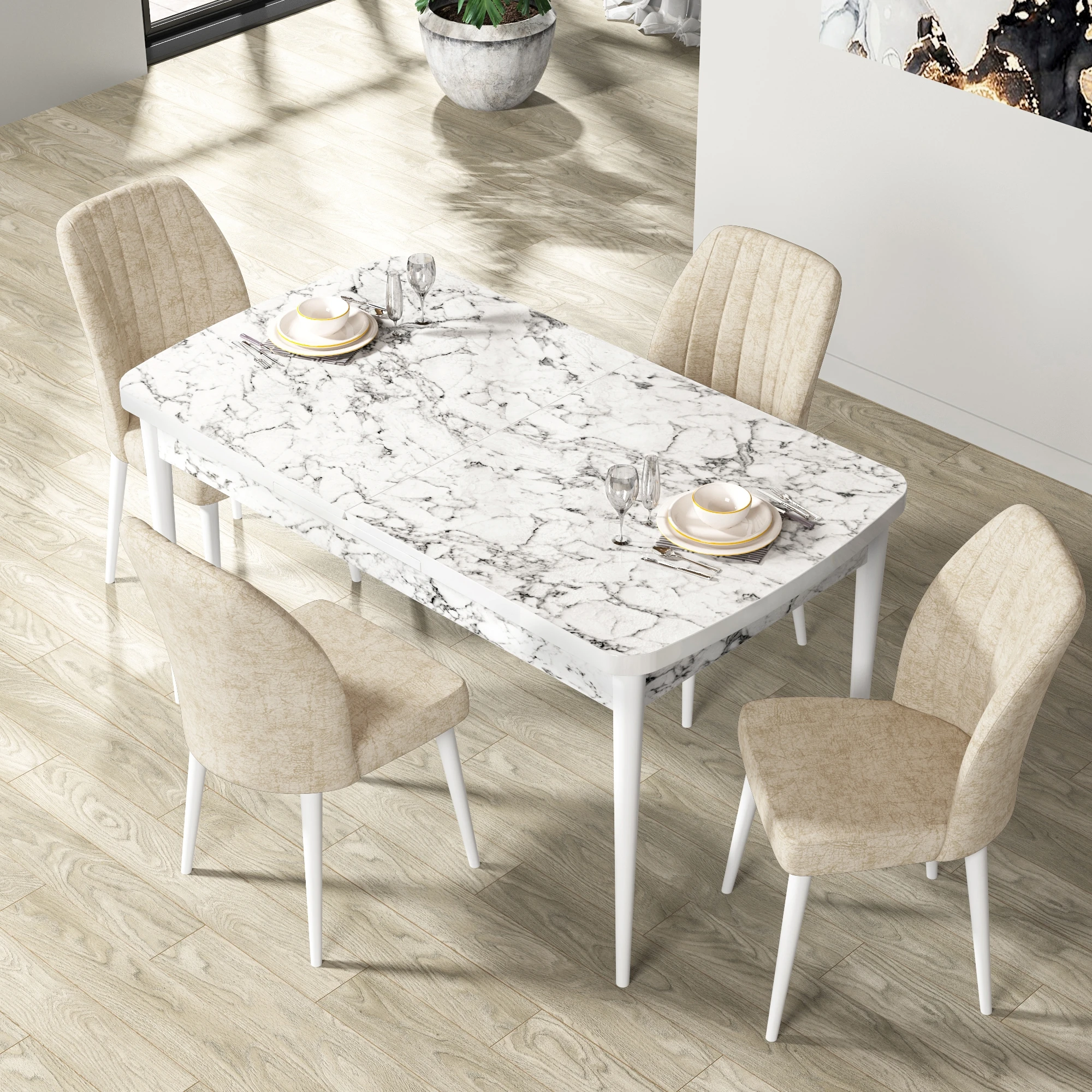 masa beyaz mermer sandalyeler krem