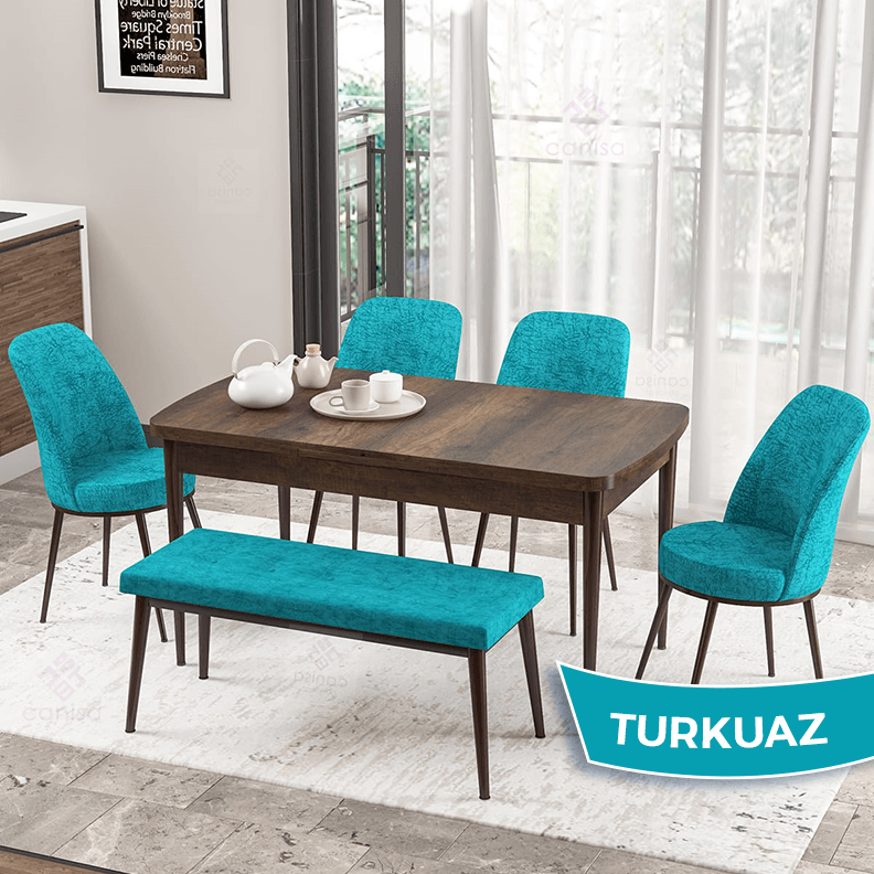 Zen Serisi 80x132 Mdf Açılabilir Barok Ahşap Desen Masa Takımı 4 Sandalye Ve 1 Bench