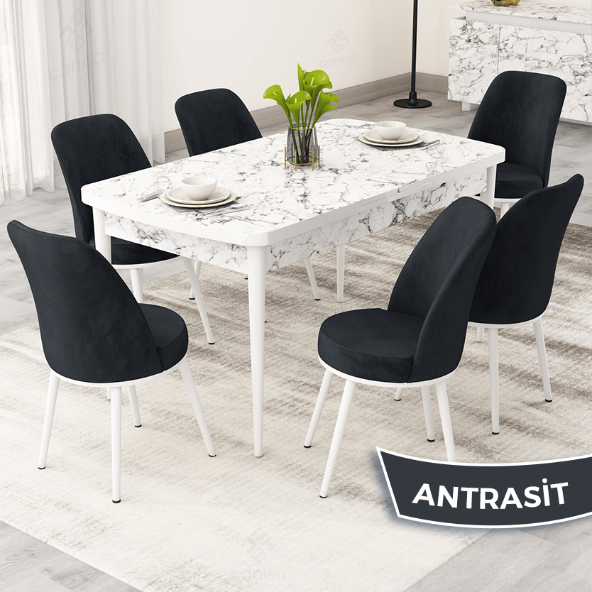 Nix Serisi 70x114 Açılabilir Beyaz Mermer Desen Mutfak Masası Takımı ve 6 Sandalye