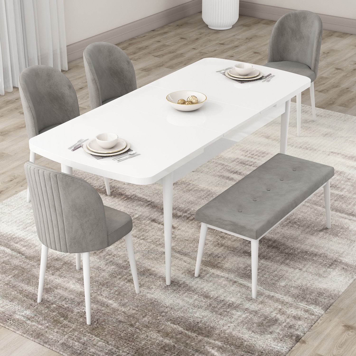Roe Serisi 80x132 Açılabilir Beyaz Masa Takımı 4 Sandalye Ve 1 Bench