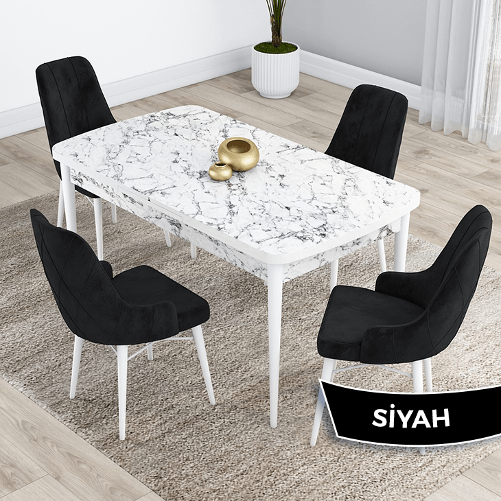 Kar Serisi 80X132 Mdf Açılabilir Beyaz Mermer Desen Masa Takımı Ve 4 Sandalye