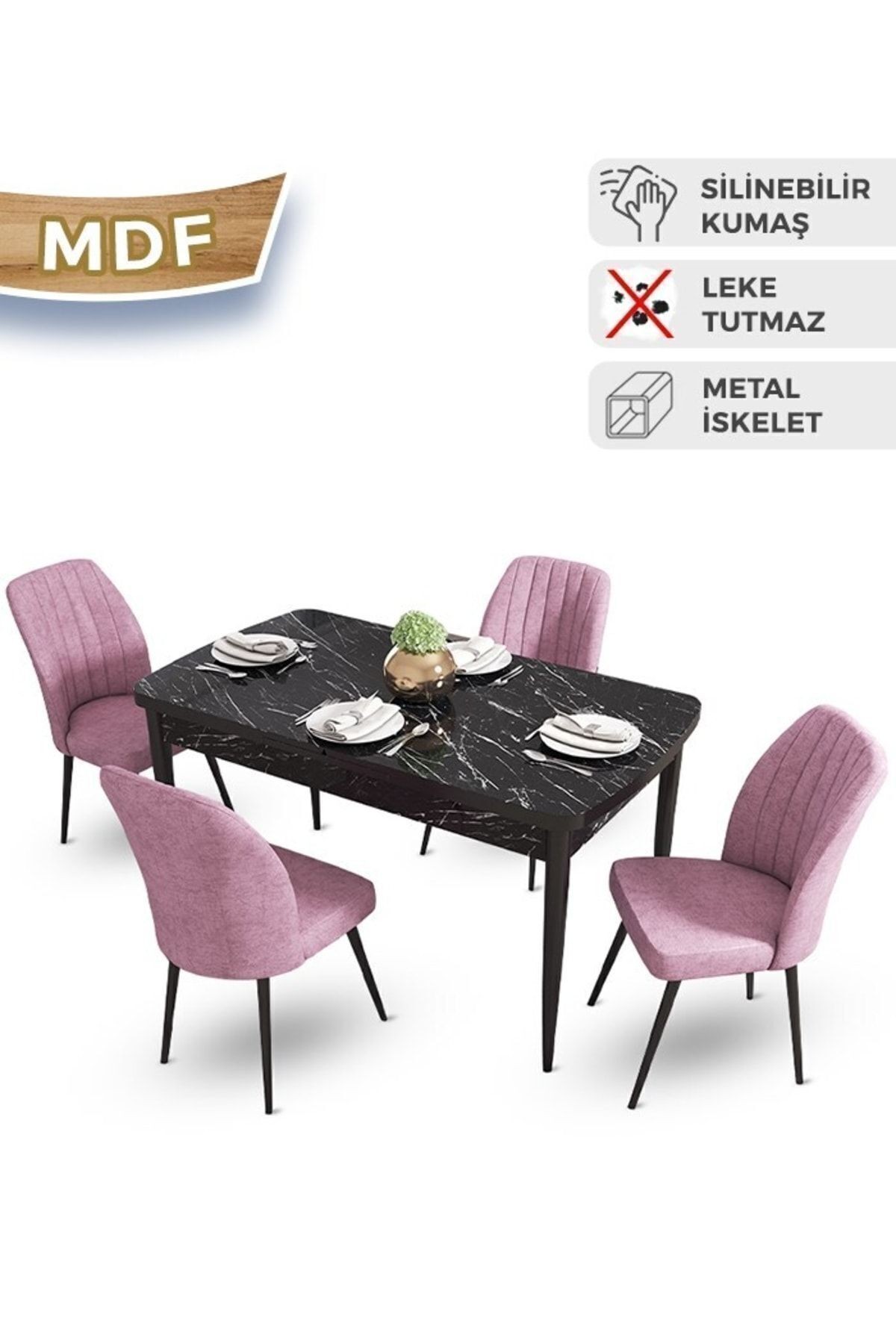 Sandalye Pembe Siyah Mermer Desen Masa