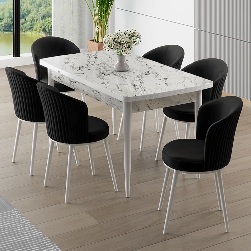 Beyaz Mermer Masa Siyah Sandalye