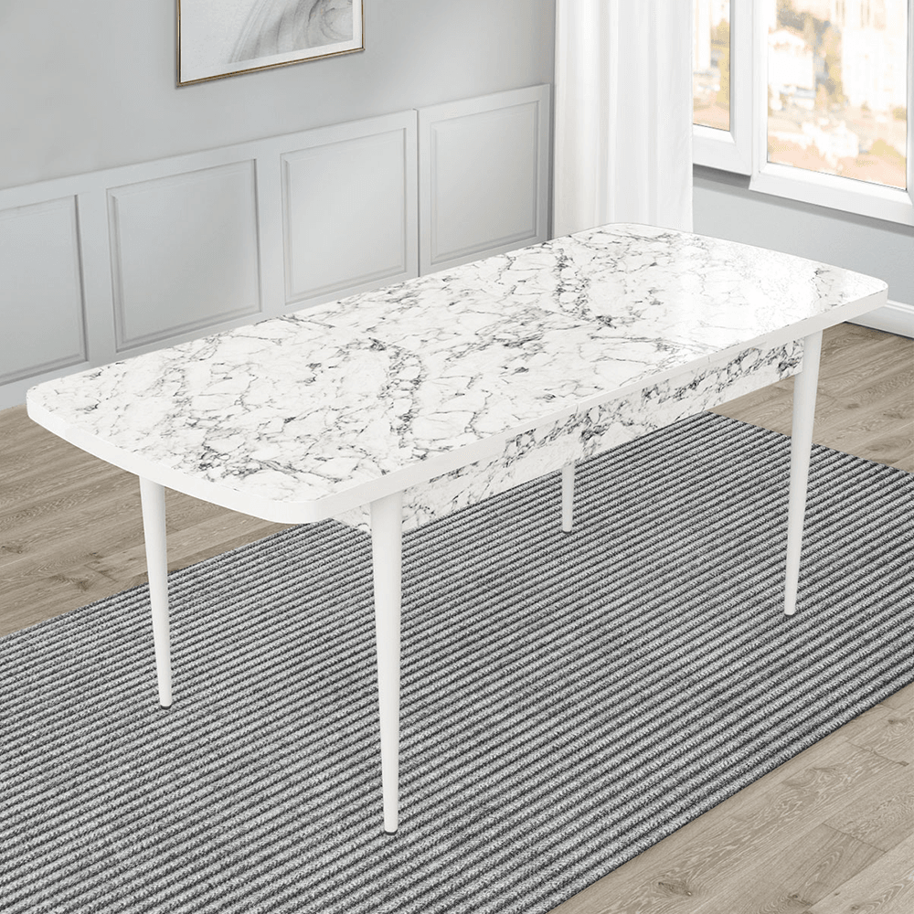 Kar Serisi 80X132 Mdf Açılabilir Beyaz Mermer Desen Masa Takımı Ve 4 Sandalye