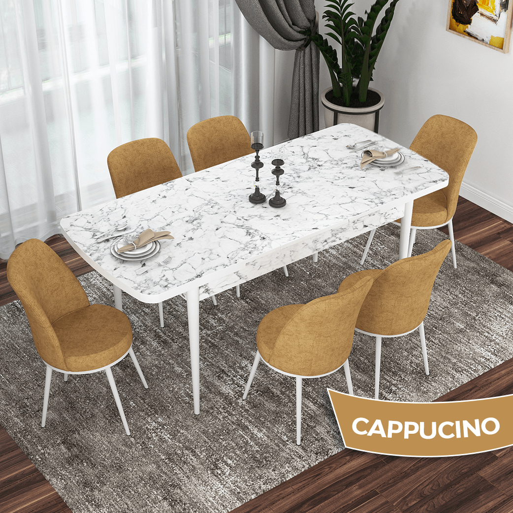 masa beyaz mermer desen sandalye cappucino