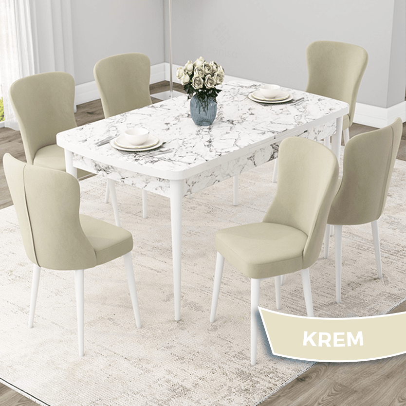 Due Serisi 80x132 Açılabilir Beyaz Mermer Desen Masa Takımı Ve 6 Sandalye