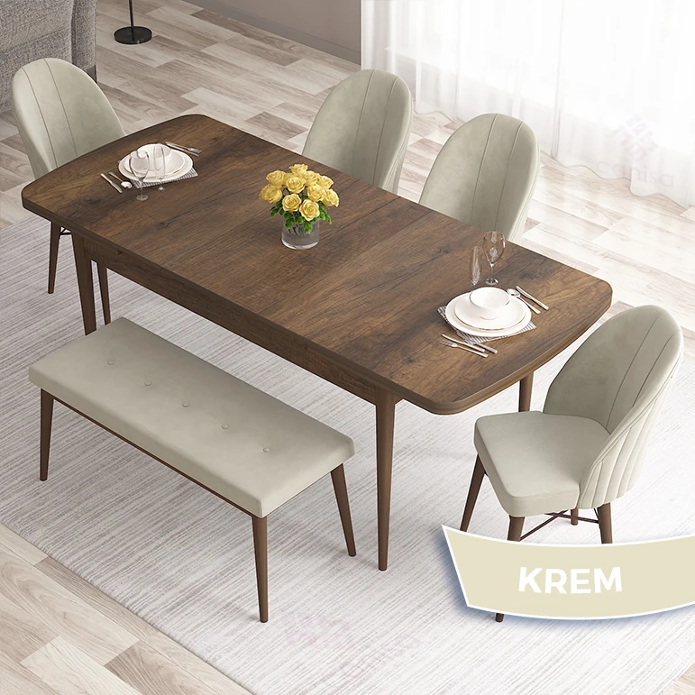 barok ahşap desen masa krem sandalye