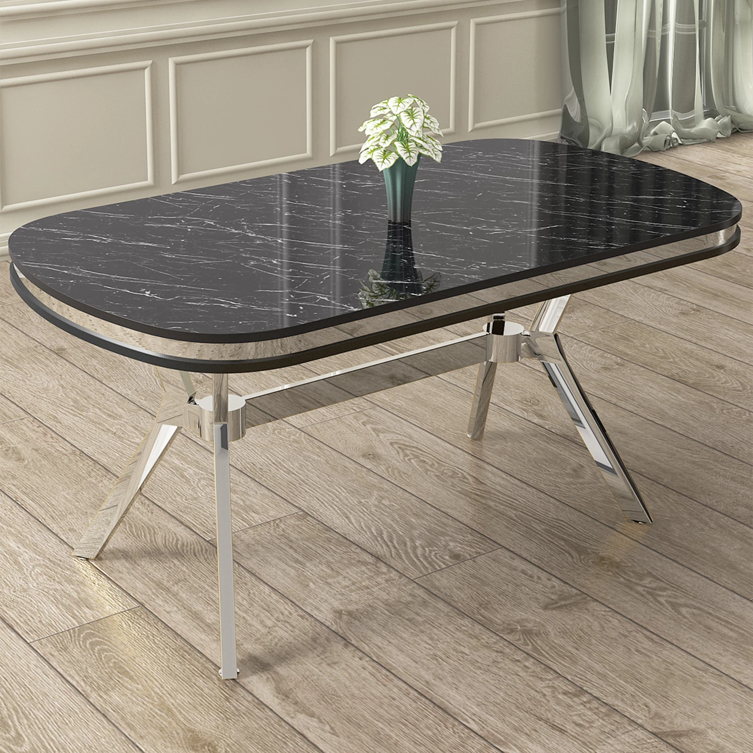 Olya Serisi 90x168 Lak Panel Sonata Masa Takımı Krom Ayaklı 4 Sandalye