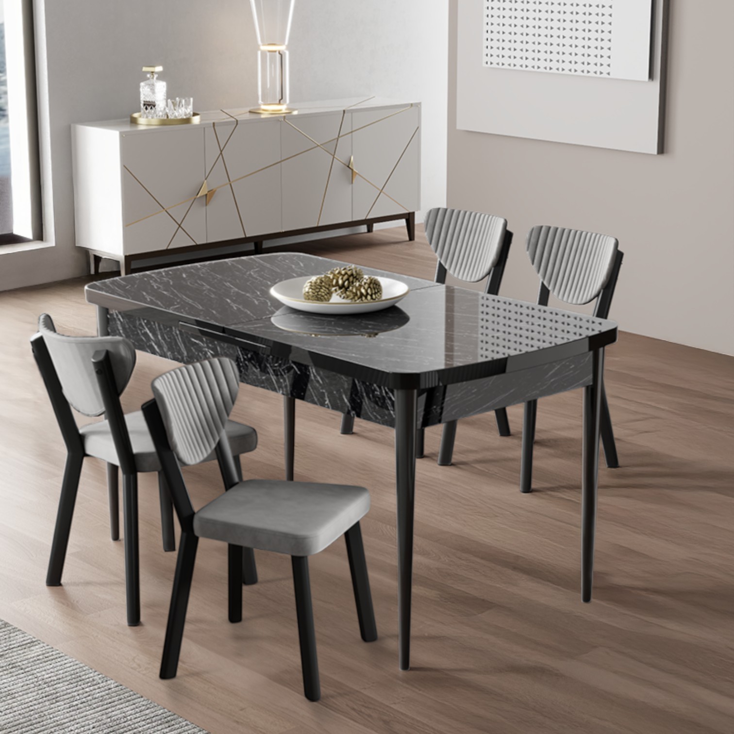 Exve Serisi 80x132 Açılabilir Siyah Mermer Desen Masa Takımı ve 4 Sandalye
