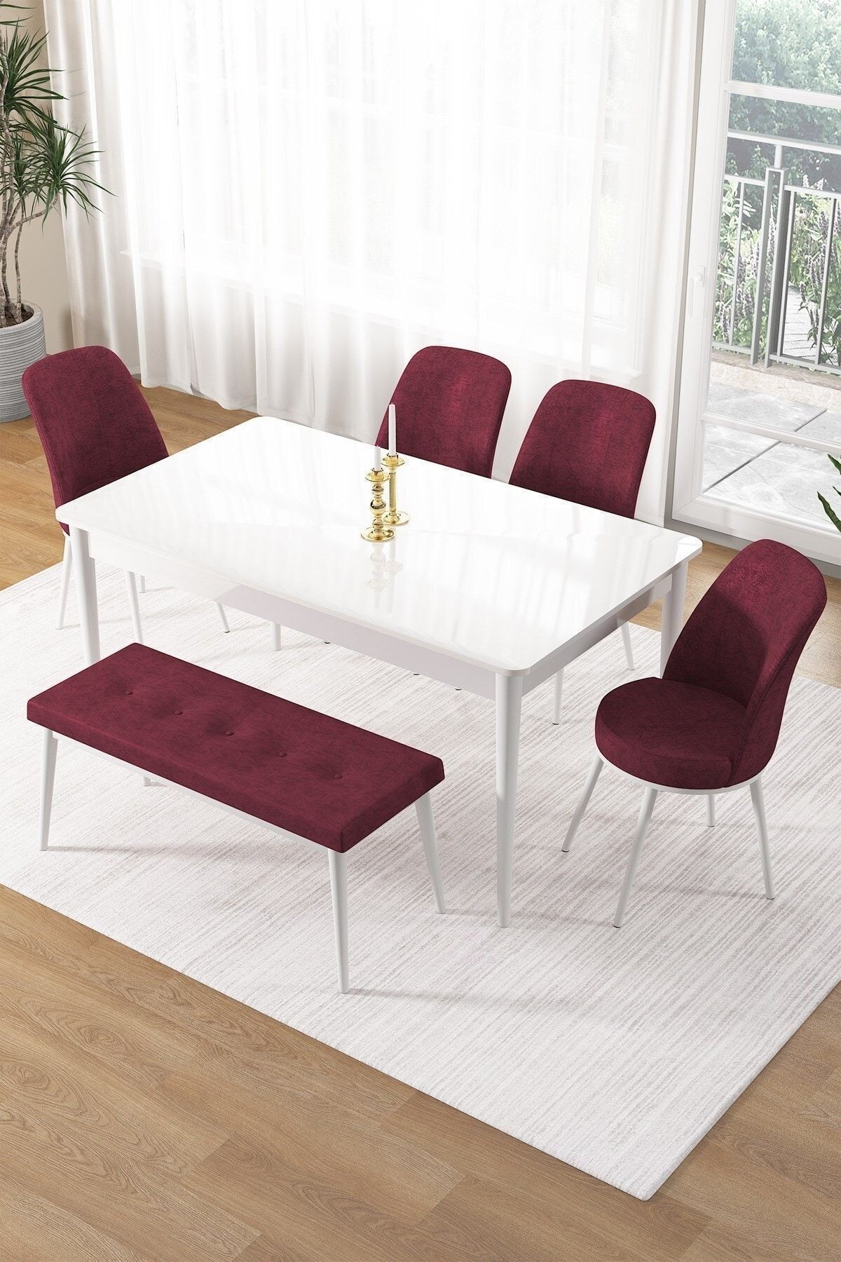 masa beyaz sandalye bench bordo ayak beyaz