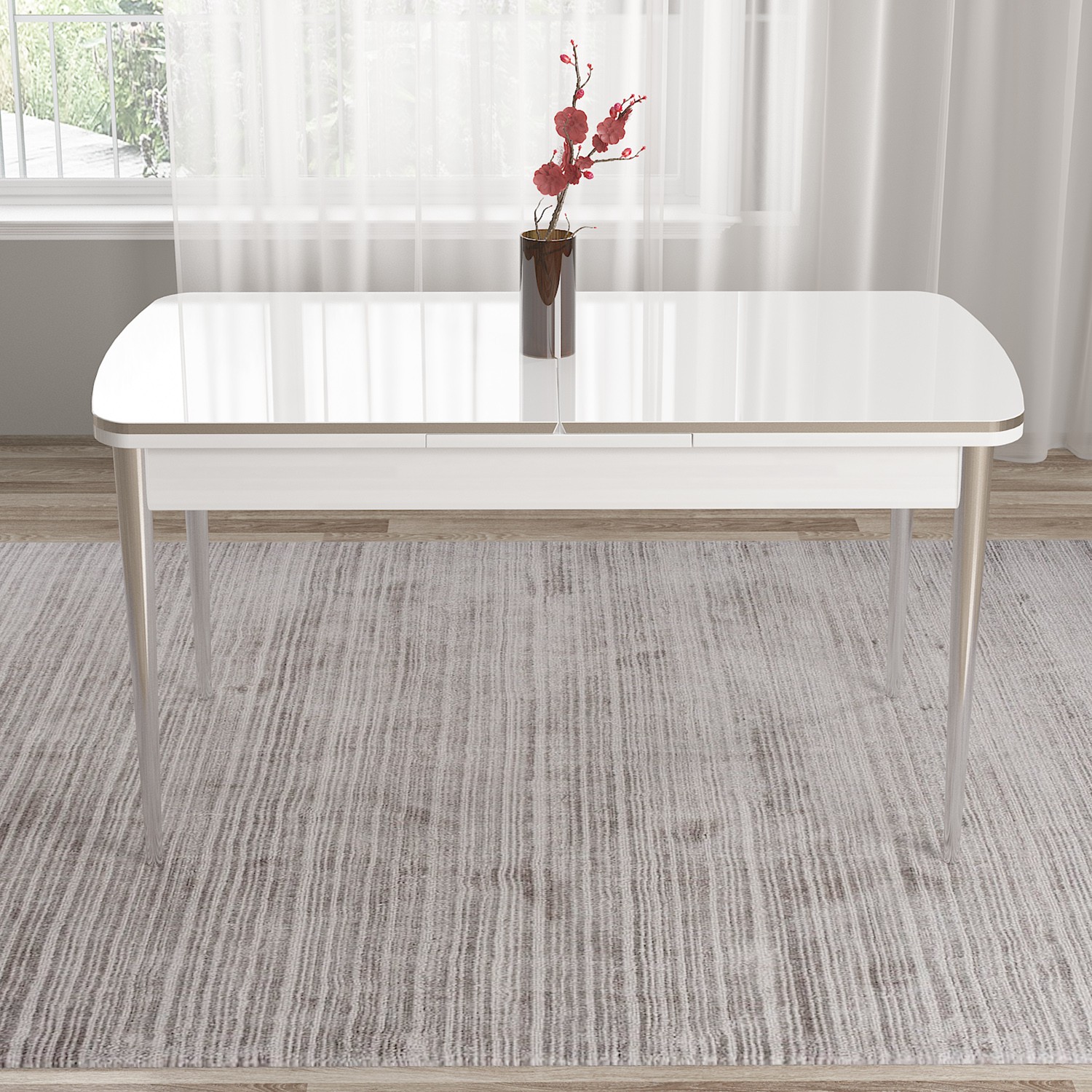 Tia Serisi 80x132 Mdf Açılabilir Krom Ayak Beyaz Masa Takımı Ve 4 Sandalye