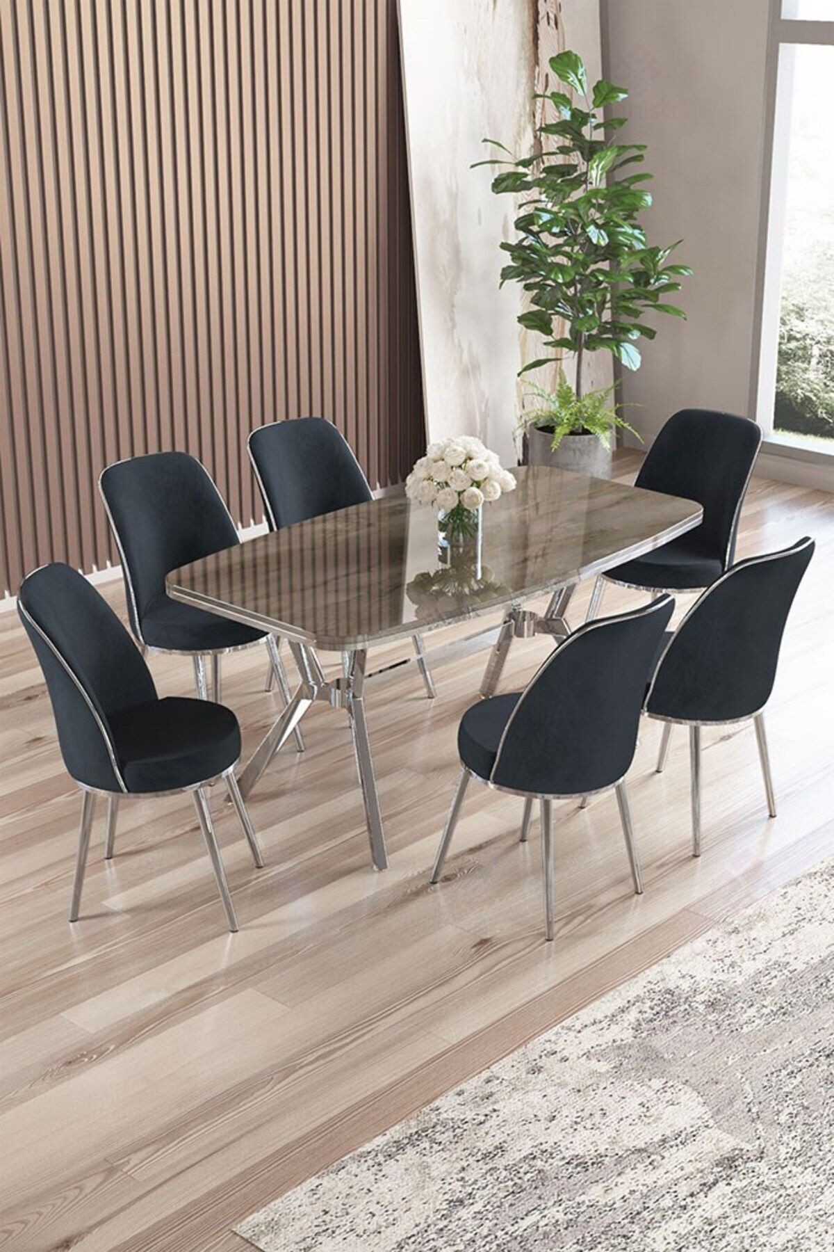 Lena Serisi 90x160 Lak Panel Antrasit İroni Masa Takımı ve 6 Sandalye Krom Kaplama Ayak