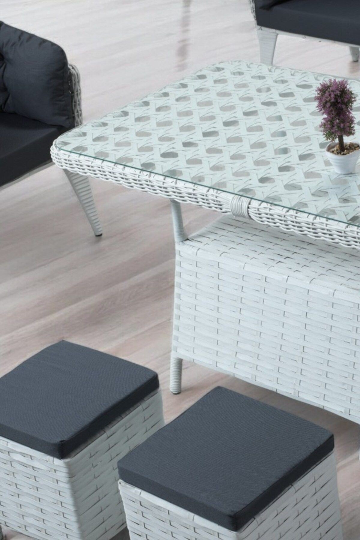 Liatris Serisi 1. Sınıf Beyaz Rattan Antrasit Minder Bahçe Takımı, Balkon Takımı
