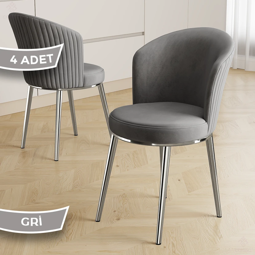 Risa Serisi 4 Adet Mutfak Sandalyesi Krom Kaplama Metal Ayak 1. Sınıf Babyface Kumaş