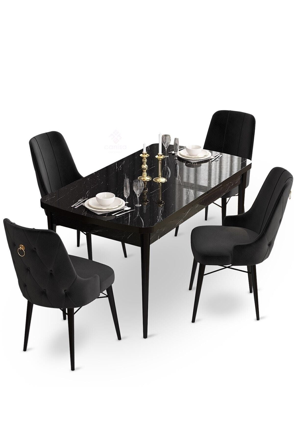 Taç Serisi 80x132 Açılabilir Gold Halka Siyah Mermer Desen Masa Takımı ve 4 Sandalye