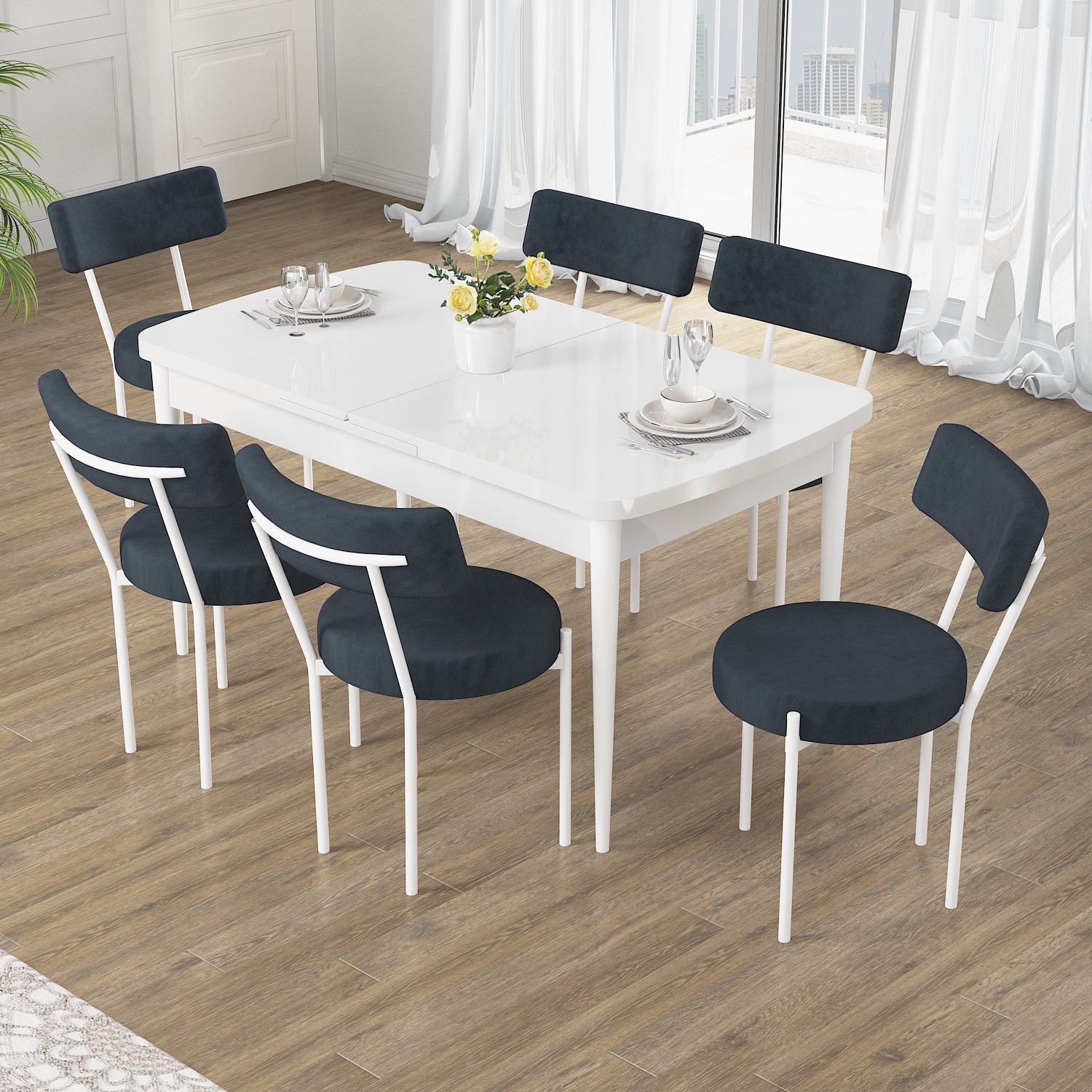 Puka Serisi 80x132 Açılabilir Beyaz Masa Takımı ve 6 Sandalye