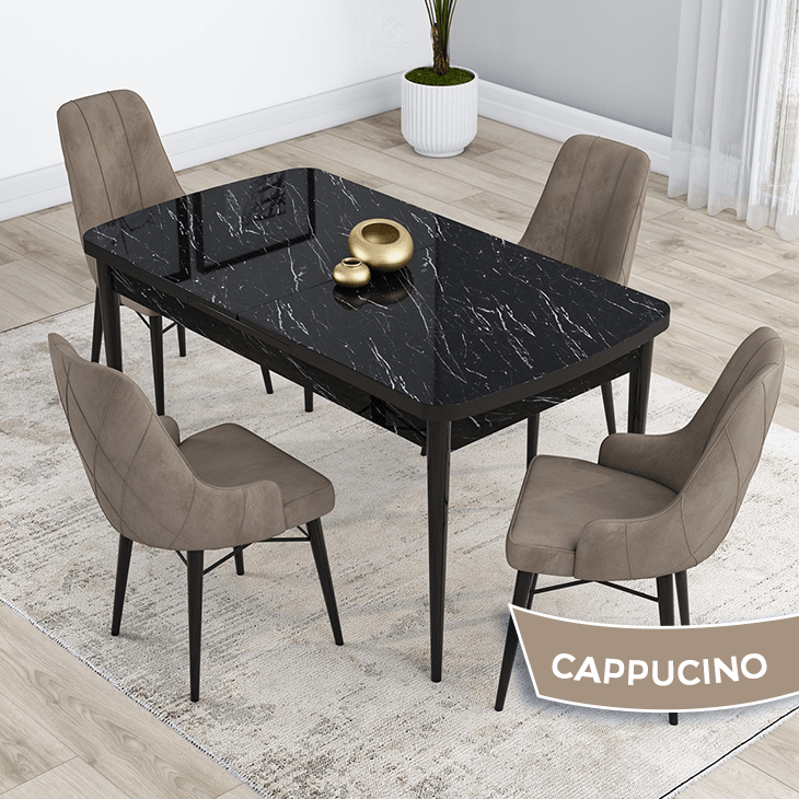 Kar Serisi 80X132 Mdf Açılabilir Siyah Mermer Desen Masa Takımı Ve 4 Sandalye