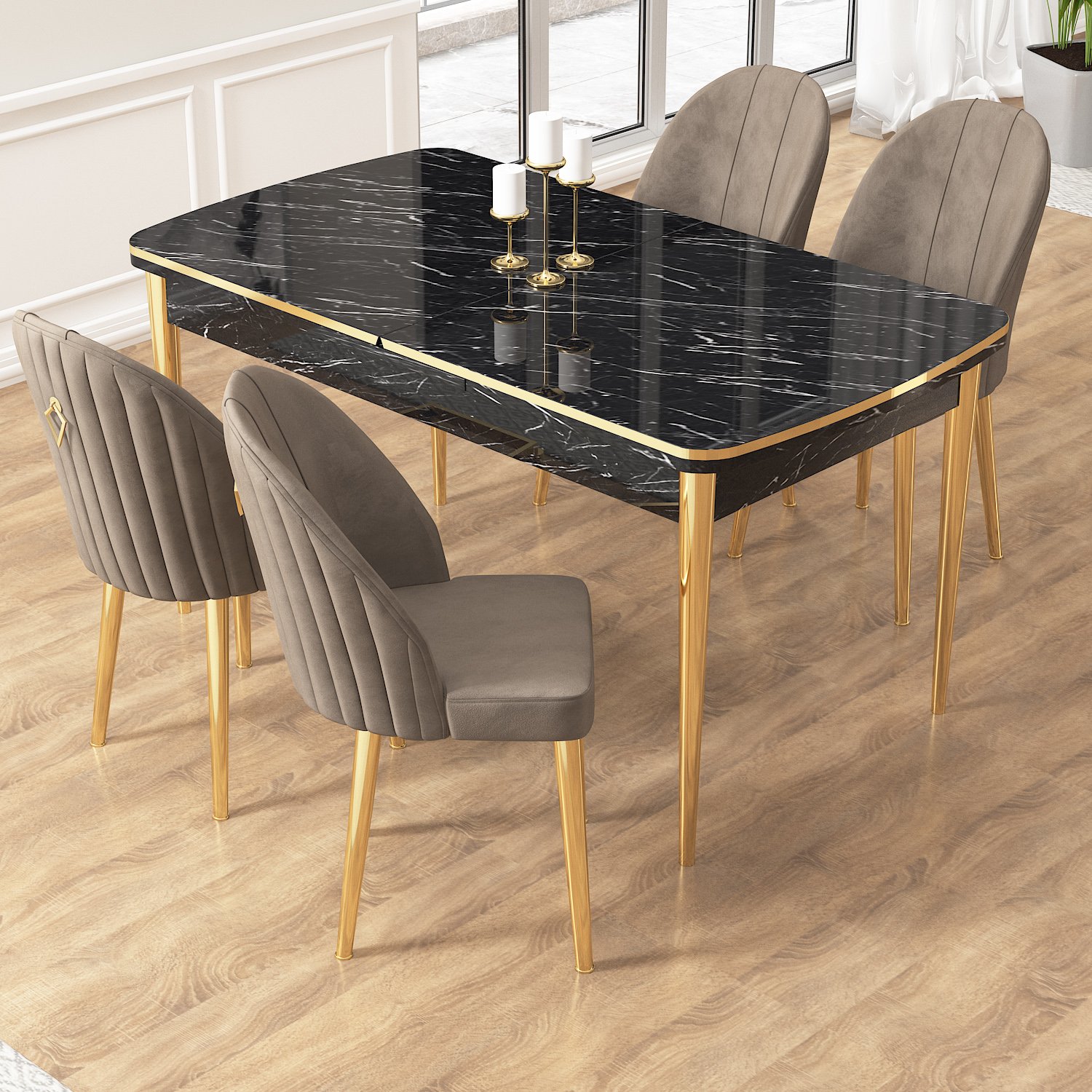 masa siyah mermer sandalye capppucino gold ayak