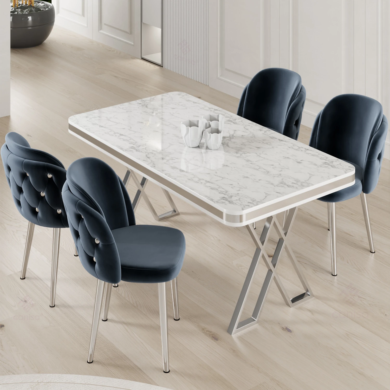 Rigel Serisi 80x130 Lak Panel Beyaz Mermer Desen Masa ve 4 Sandalye Krom Kaplama Ayak