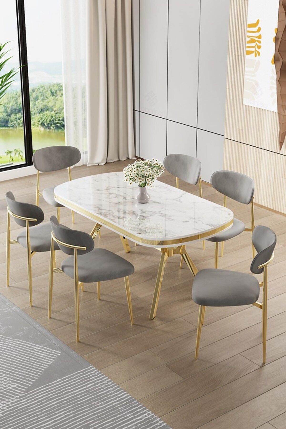 Olya Serisi 90x168 Lak Panel Beyaz Mermer Desen Masa ve 6 Sandalye Gold Kaplama Ayak